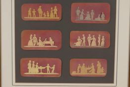 Six C18th pen and ink miniature silhouettes in a single frame, each silhouette 4" long