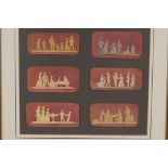 Six C18th pen and ink miniature silhouettes in a single frame, each silhouette 4" long