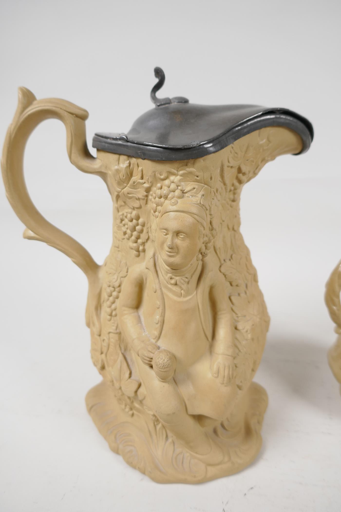 A C19th stoneware jug moulded with figures and fruiting vines, with sandstone matt glaze and - Image 6 of 6