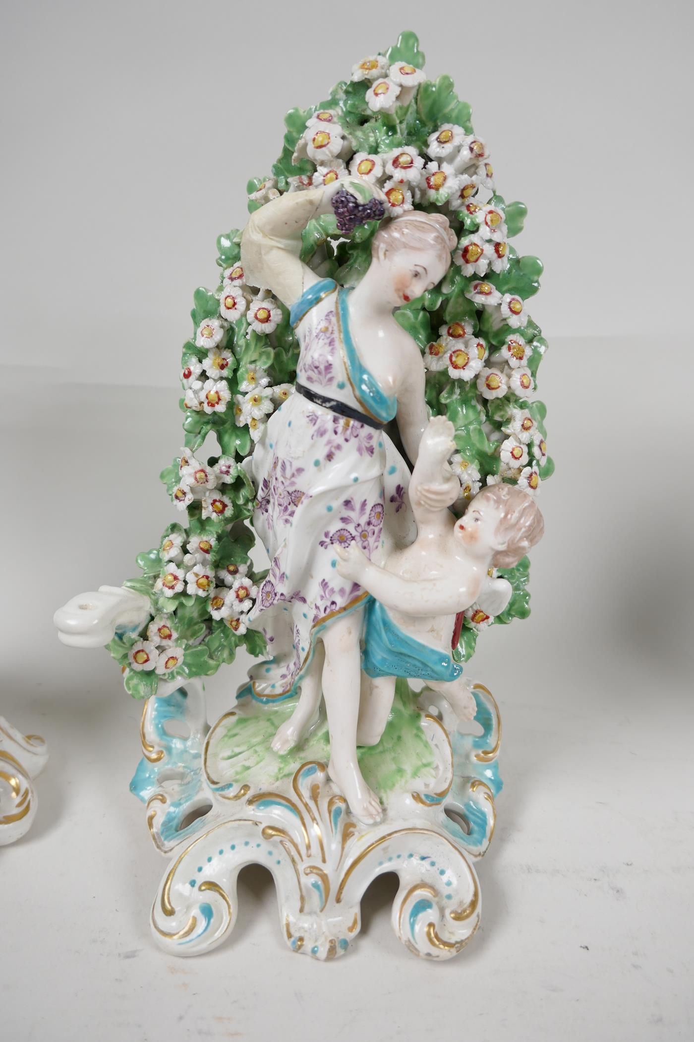 Three early English porcelain figures, a brocage figure of a woman and child (Chelsea) 8" high, a - Image 6 of 7