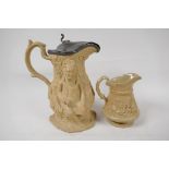 A C19th stoneware jug moulded with figures and fruiting vines, with sandstone matt glaze and