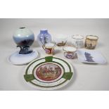 A quantity of continental porcelain including a plate decorated with a Napoleonic scene, 6"