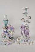 A continental porcelain figural candlestick modelled as a woman and child, 12½" high, and another