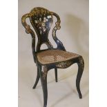 A Victorian papier mache side chair with painted and gilt decoration, and mother of pearl inlay