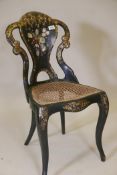 A Victorian papier mache side chair with painted and gilt decoration, and mother of pearl inlay