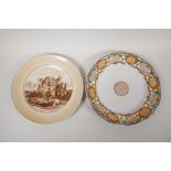A late C18th/early C19th Fayence plate with a geometric design, 9½" diameter, together with a