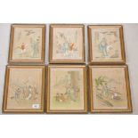 A set of six Chinese watercolours on silk depicting scholars and students, with inscriptions, 10"