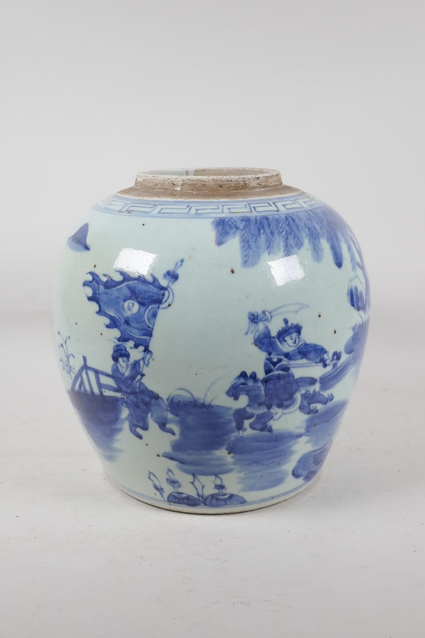 A Chinese blue and white porcelain ginger jar decorated with warriors in a landscape, 10½" high