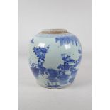 A Chinese blue and white porcelain ginger jar decorated with warriors in a landscape, 10½" high