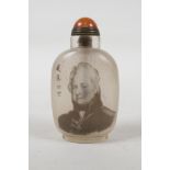 A Chinese reverse decorated glass snuff bottle depicting George III, inscription verso, 3½" high