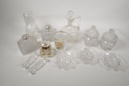 A quantity of good quality glassware, a pair of jars with covers, a pair of square cut cologne