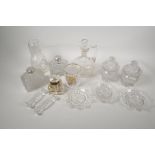 A quantity of good quality glassware, a pair of jars with covers, a pair of square cut cologne