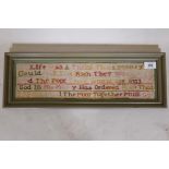 A late C19th/early C20th sampler, 'If life was a thing that money could buy ....', in a frame, 20" x
