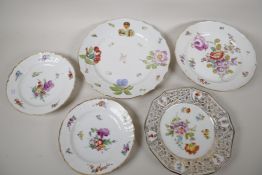 Five decorative continental porcelain plates including Meissen, largest 11" diameter