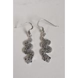 A pair of 925 silver drop earrings in the form of snakes, set with marcasite, 1" drop