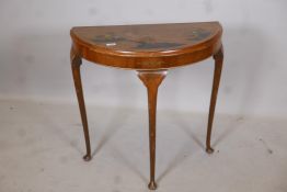 A 1920s mahogany demilune side table with chinoiserie lacquered decoration, 30" x 15" x 30"