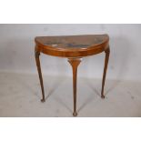 A 1920s mahogany demilune side table with chinoiserie lacquered decoration, 30" x 15" x 30"