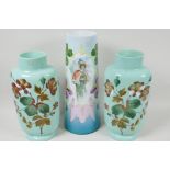 A pair of C19th green milk glass vases painted with autumnal leaves and flowers, 10" high, and a