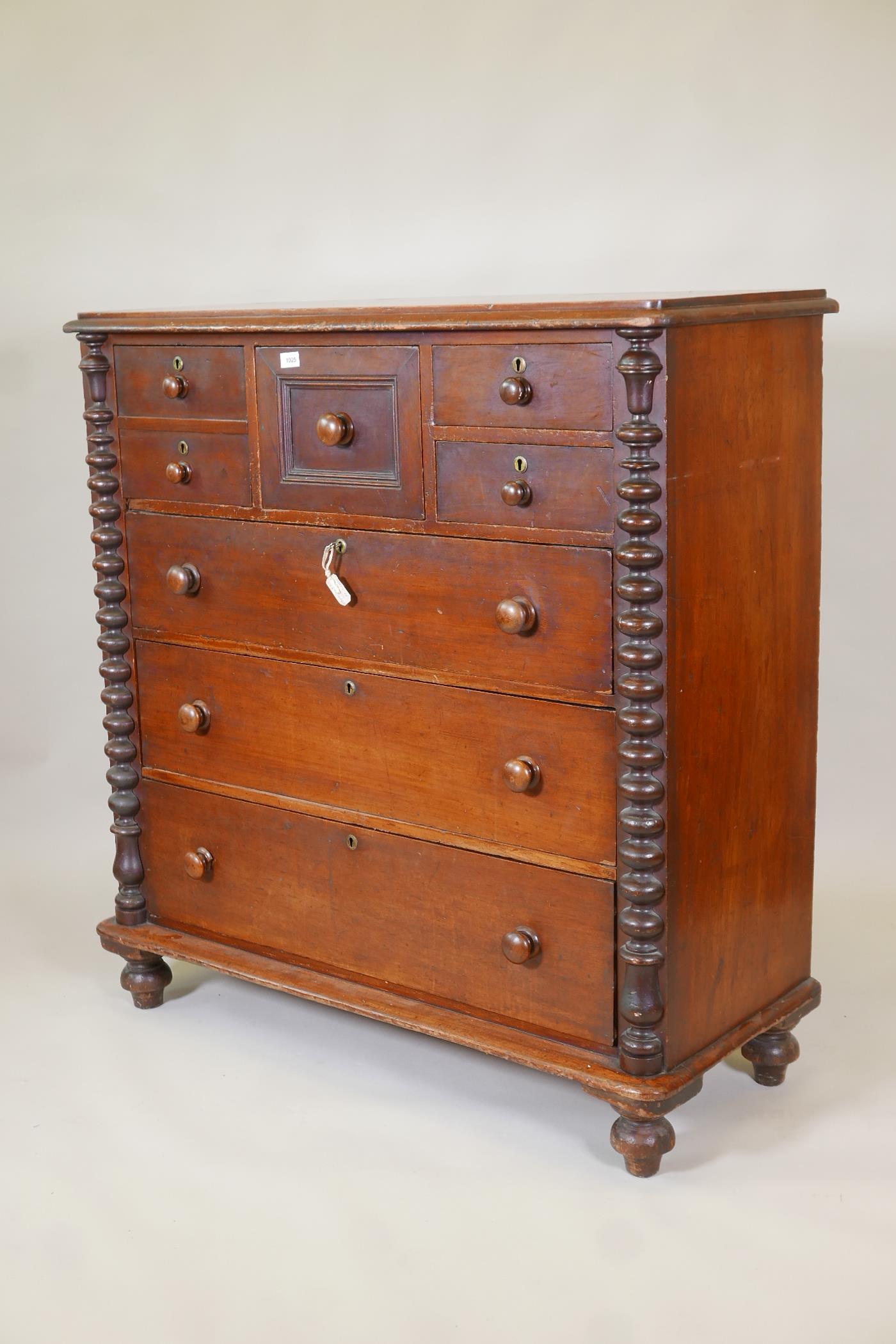 A C19th mahogany Scotch chest of drawers with bobbin turned side columns and four small top - Image 4 of 4