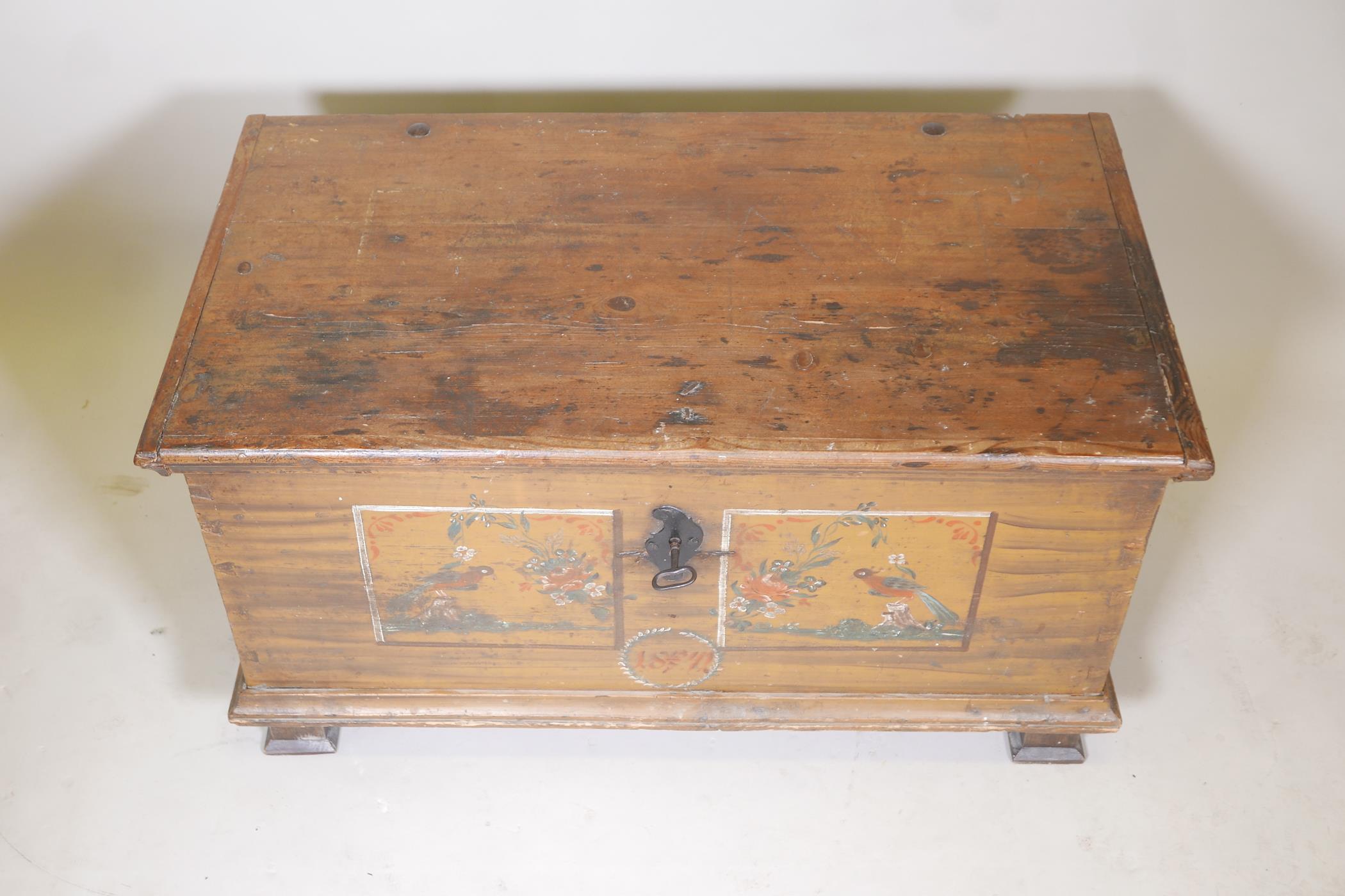 A C19th Bohemian grain painted pine coffer, dated 1841, 37" x 21", 19" high - Image 2 of 5