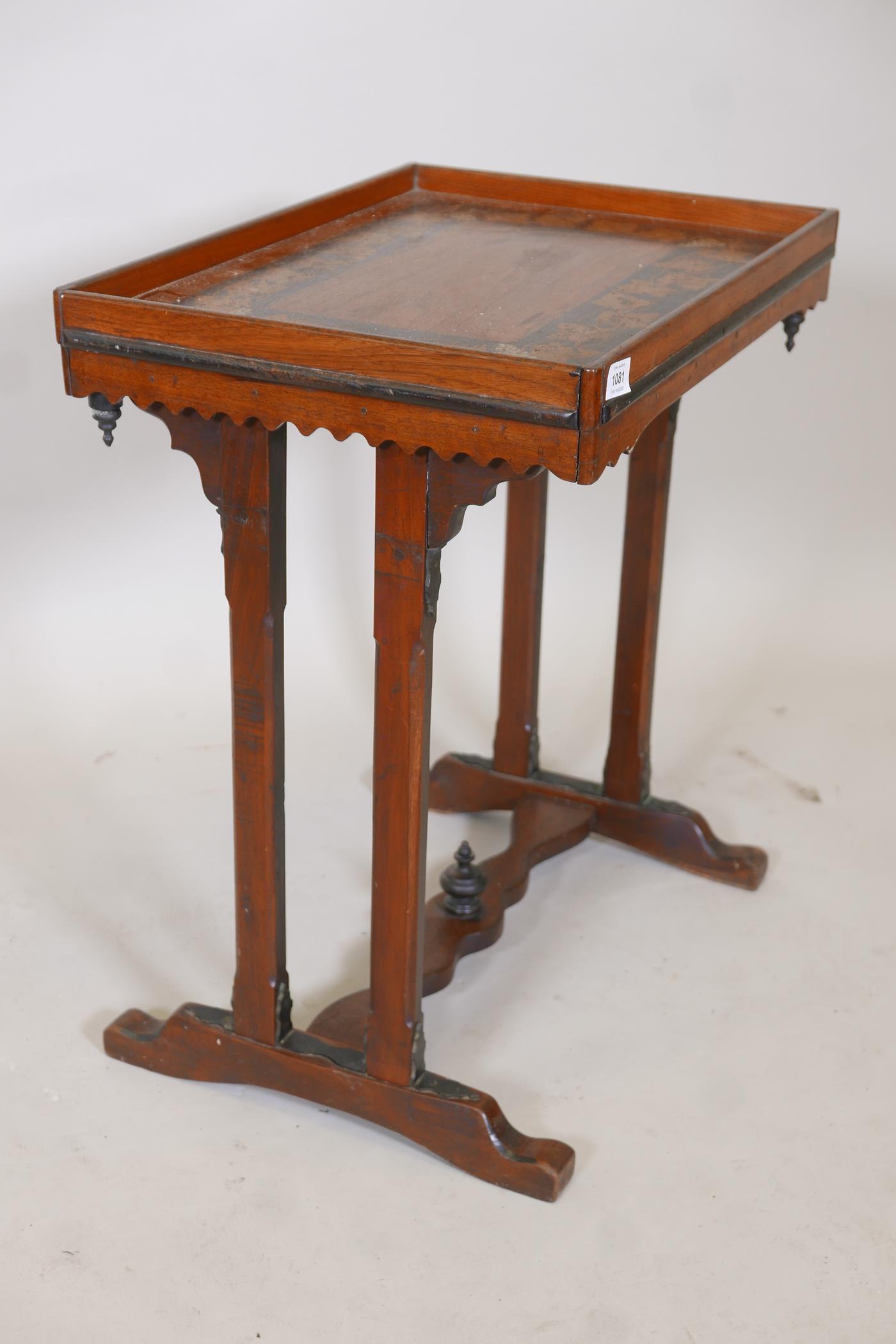 A C19th mahogany side table, with painted and parcel gilt top and shaped frieze, raised on end - Image 4 of 4