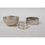 A hallmarked silver Mappin and Webb finger bowl, a hallmarked silver pierced napkin ring (Birmingham