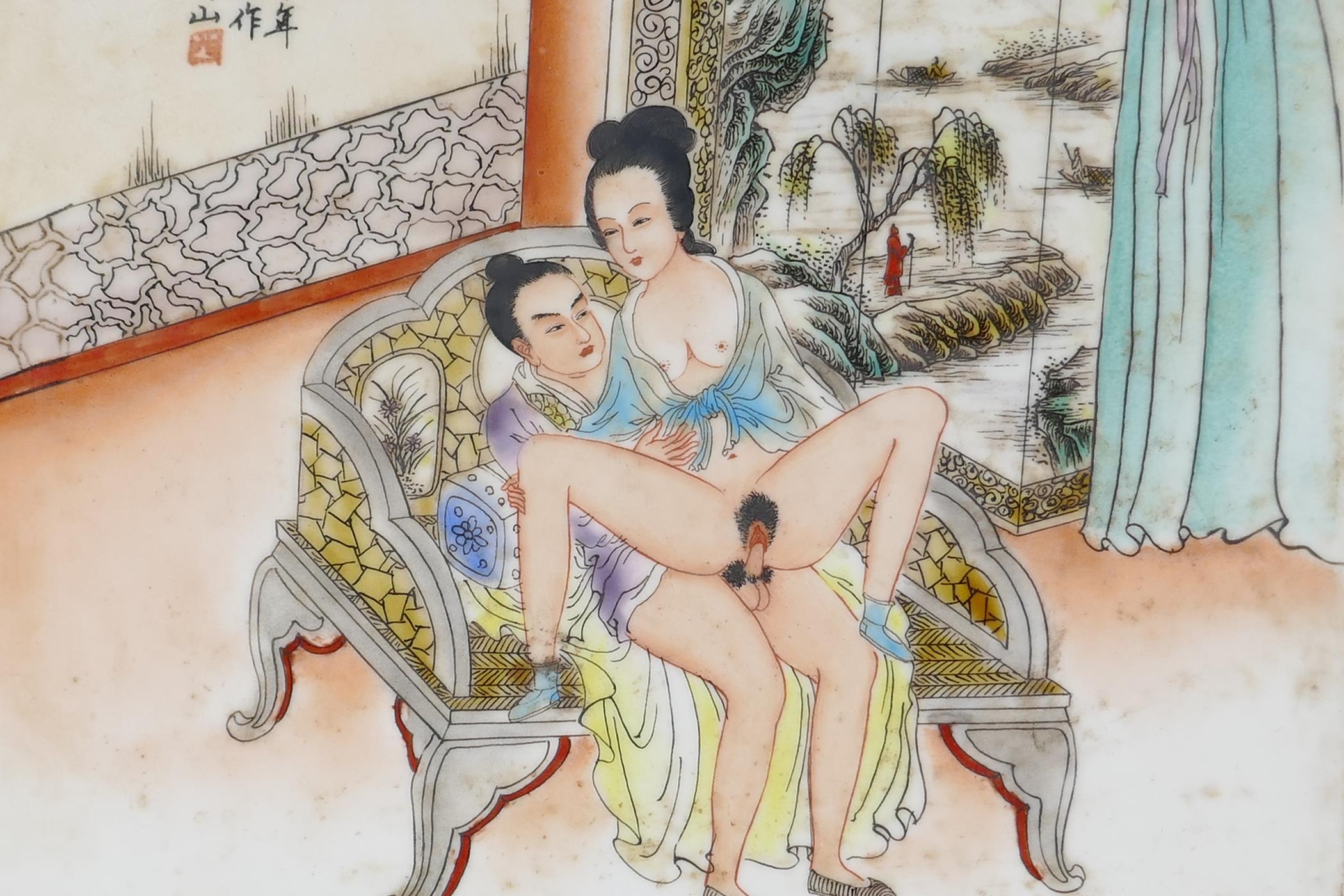 A Chinese polychrome porcelain panel decorated with an erotic image, 12" x 12" - Image 2 of 4