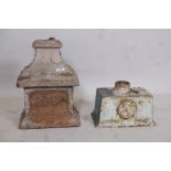 A Victorian cast iron hopper, dated 1878, 16" high, and another with Tudor rose decoration