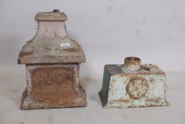 A Victorian cast iron hopper, dated 1878, 16" high, and another with Tudor rose decoration