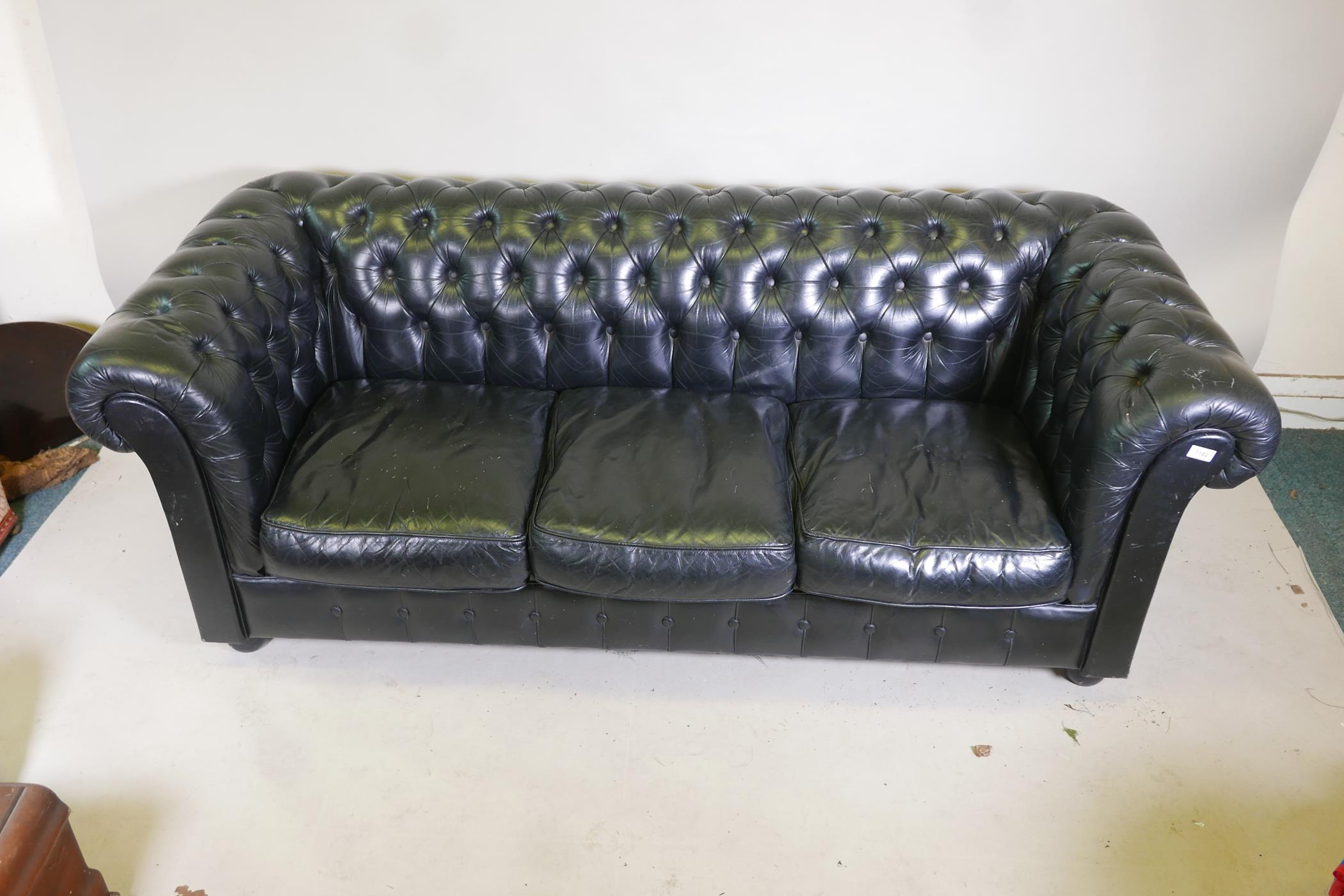 A black leather three seater Chesterfield, 78" long - Image 2 of 4