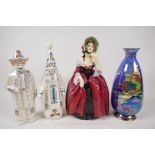 A Royal Doulton porcelain figure, Margery HN1413, a Crown Devon lustre ware Royal George vase, 9"