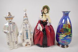 A Royal Doulton porcelain figure, Margery HN1413, a Crown Devon lustre ware Royal George vase, 9"