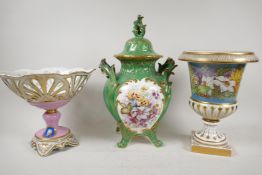 A continental porcelain two handled urn and cover, 14" high, and an openwork pedestal fruit bowl and
