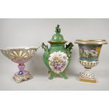 A continental porcelain two handled urn and cover, 14" high, and an openwork pedestal fruit bowl and