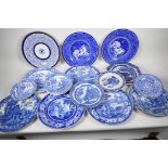 A collection of English blue and white transfer printed plates, mainly C19th, largest 10" diameter