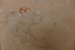 A pencil and wash drawing of two putti, unsigned, in a good gilt frame, C19th, 6" x 5"