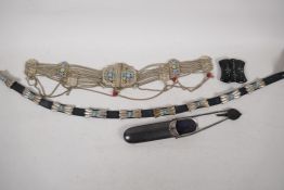 A white metal and enamel belly dancer's belt, 37" long, together with a white metal and turquoise