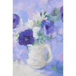 A still life, vase of purple flowers, initialled J.S.H., oil on board, together with a still life of