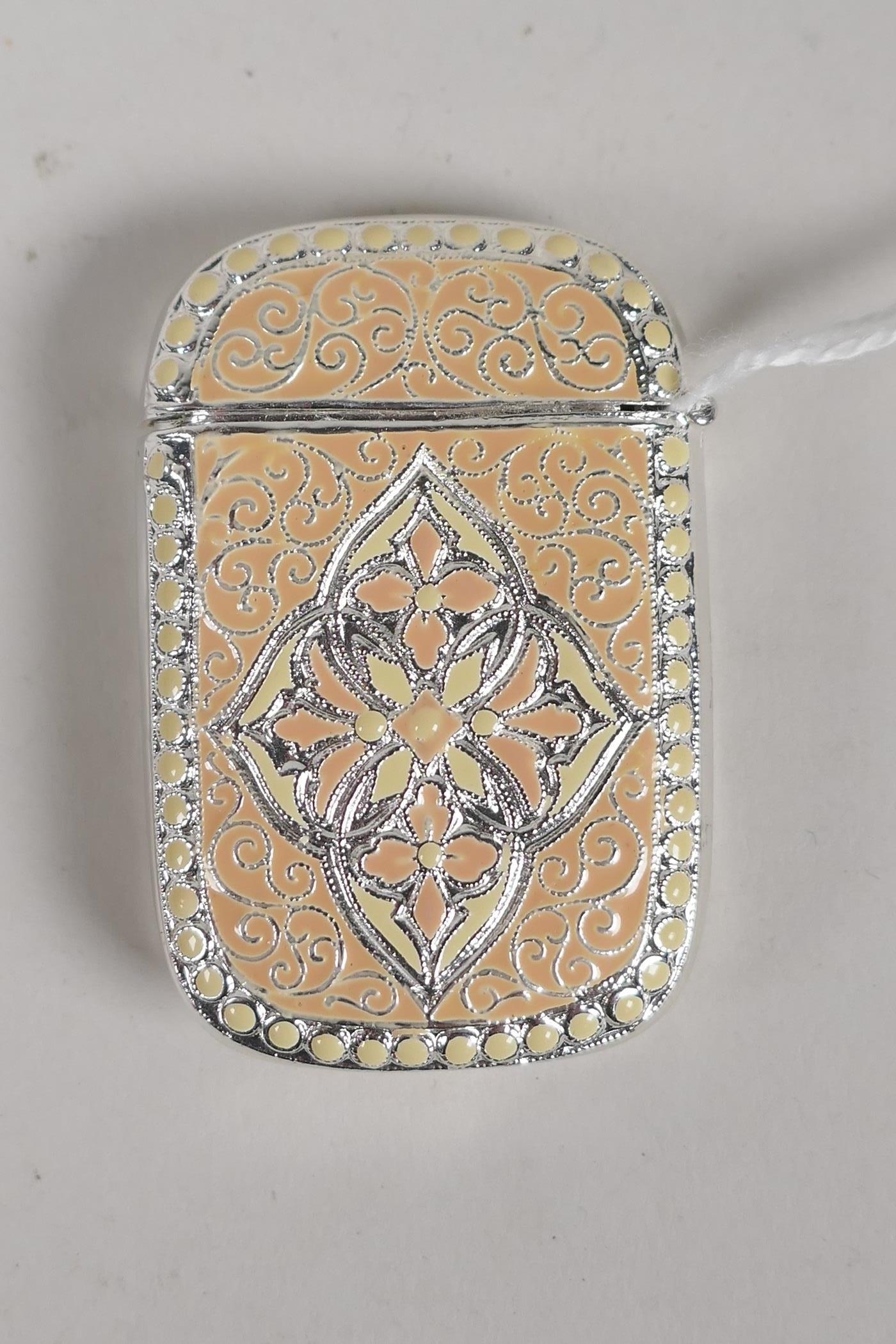 A white metal and enamel 'David Anderson' style vesta case, 1" x 2" - Image 2 of 3