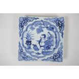 A Ming style blue and white porcelain temple tile with figural decoration, Chinese, 7½" x 7½"