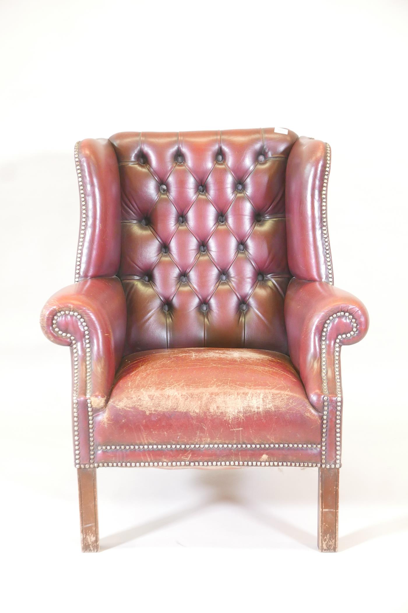 A C19th buttoned wing back armchair in red leather - Image 2 of 3