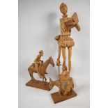 Two carved wood models of Don Quioxte and Sancho Panza, and a carved wood figure of the Don, A/F