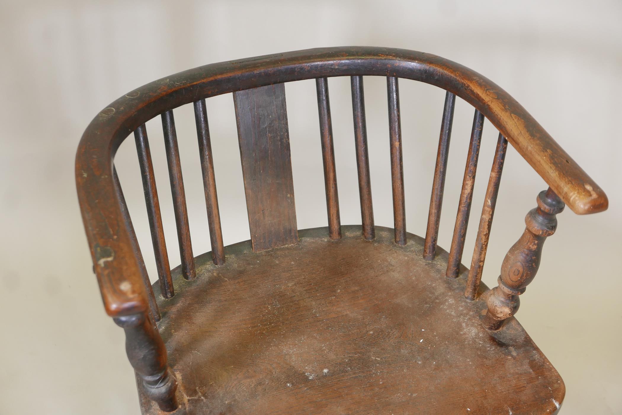 A C19th ash and elm seated bow arm chair, with crinoline stretcher and turned supports (originally a - Image 3 of 4