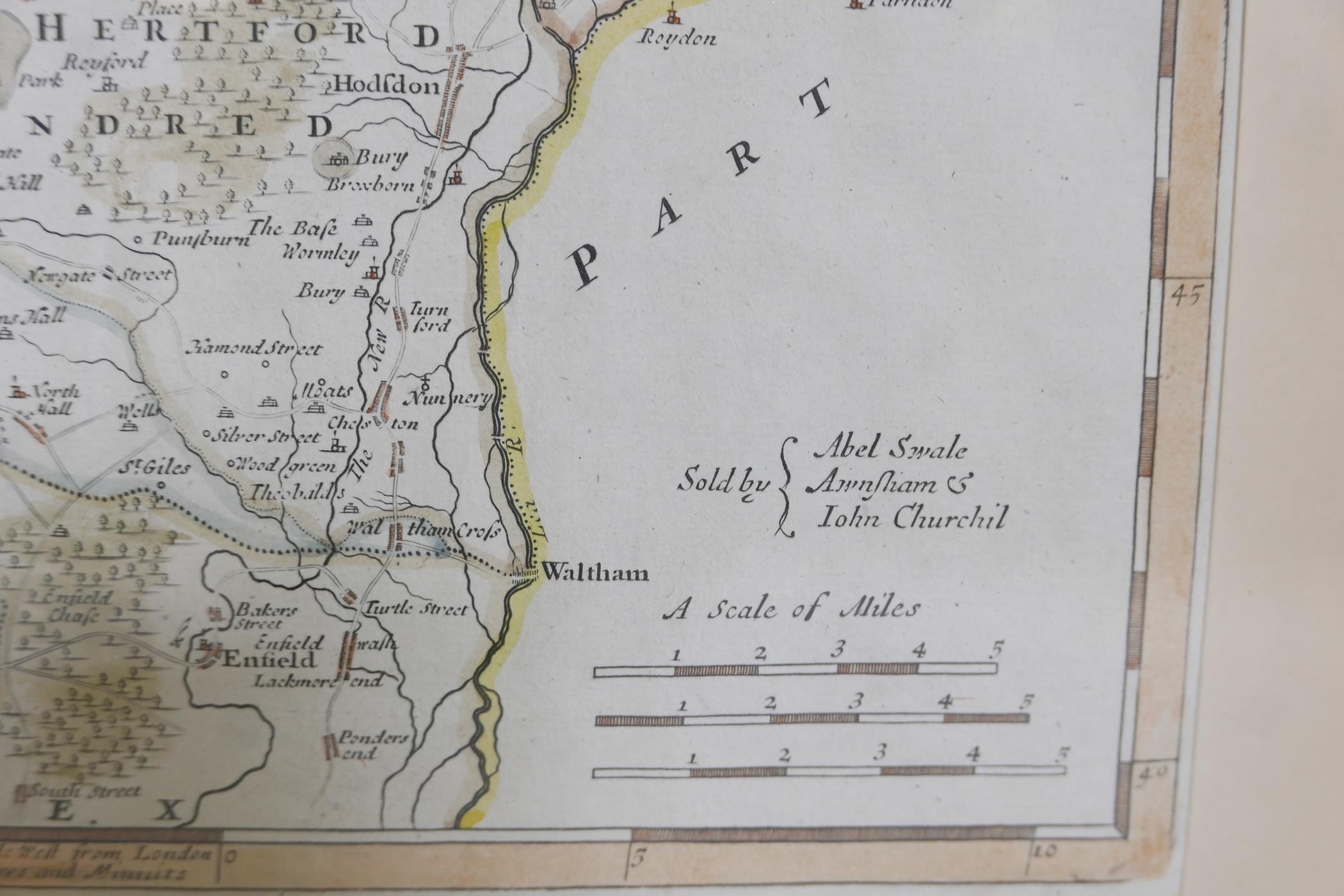 Robert Morden, Map of Hertfordshire, a sympathetically hand coloured engraving, 17" x 20" - Image 4 of 4