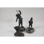 Three bronze figures, a bearded man and snake, after the classic, A/F, 10" high, a boy and duck