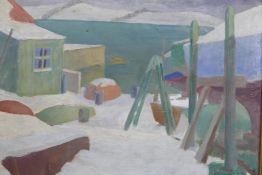 Romeo Charles Toogood, (Irish), harbour scene under snow, signed and dated 1958, inscribed verso,