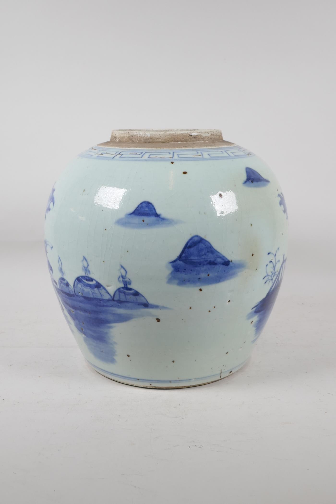 A Chinese blue and white porcelain ginger jar decorated with warriors in a landscape, 10½" high - Image 4 of 8