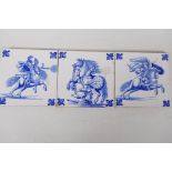 A set of three blue and white Delft style tiles depicting Ottoman warriors on horseback, 6" square