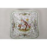 A Chelsea style porcelain serving plate of square form decorated with exotic birds, gold anchor mark