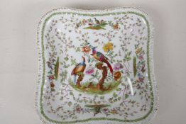 A Chelsea style porcelain serving plate of square form decorated with exotic birds, gold anchor mark